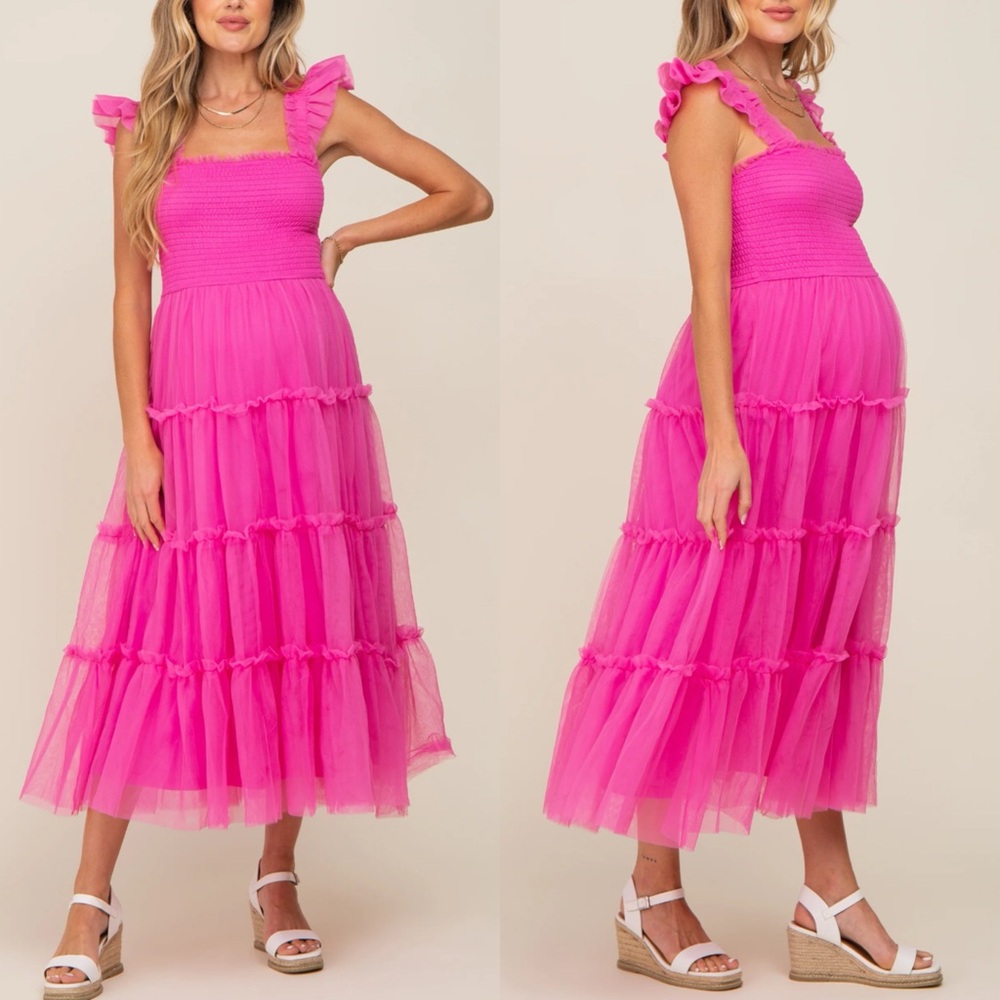 Fuchsia Smocked Mesh Ruffle Accent Maternity Midi Dress
